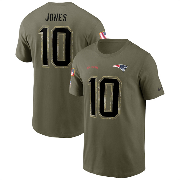 Men's New England Patriots #10 Mac Jones 2022 Olive Salute to Service T-Shirt - Click Image to Close